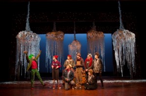 Caesar Samayoa as Mr. Toad, at left, with Cole Escola as Portly Otter, Becca Ayers as Mrs. Otter, Justin Keyes (seated) as the Water Rat, Mike Faist as Mole, William Thomas Evans as Dr. Badger, Amanda Butterbaugh (seated) as a Weasel, and Sean Patrick Doyle as a Weasel. (Photo credit: T. Charles Erickson)