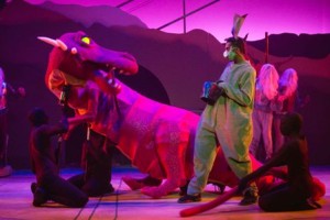 The Donkey (Devon Fields of Upper Darby) encounters the Dragon (voice, Ali Caiazzo of Havertown). (Photo credit: Cate R. Paxson)